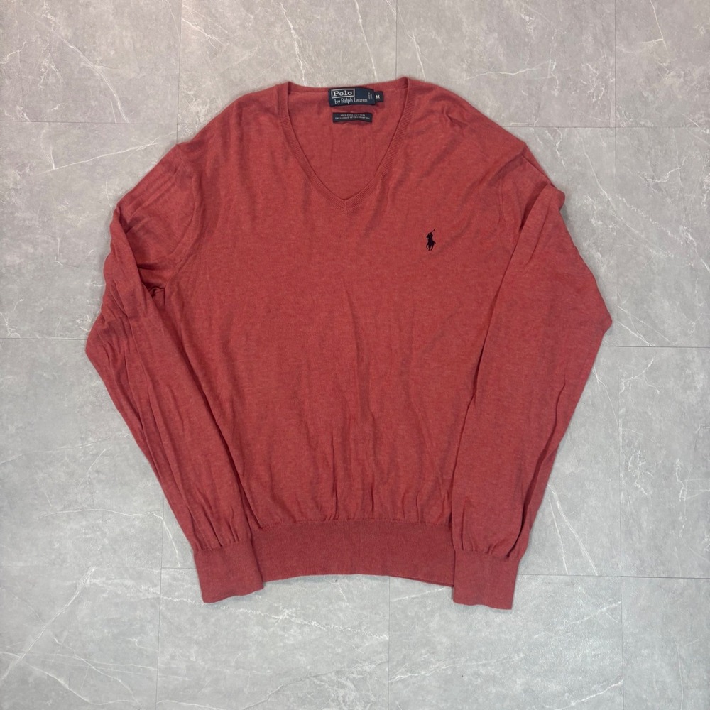 Polo Ralph Lauren Mens V-Neck Sweater M Pink 100% Pima Cotton Long Sleeve Pony